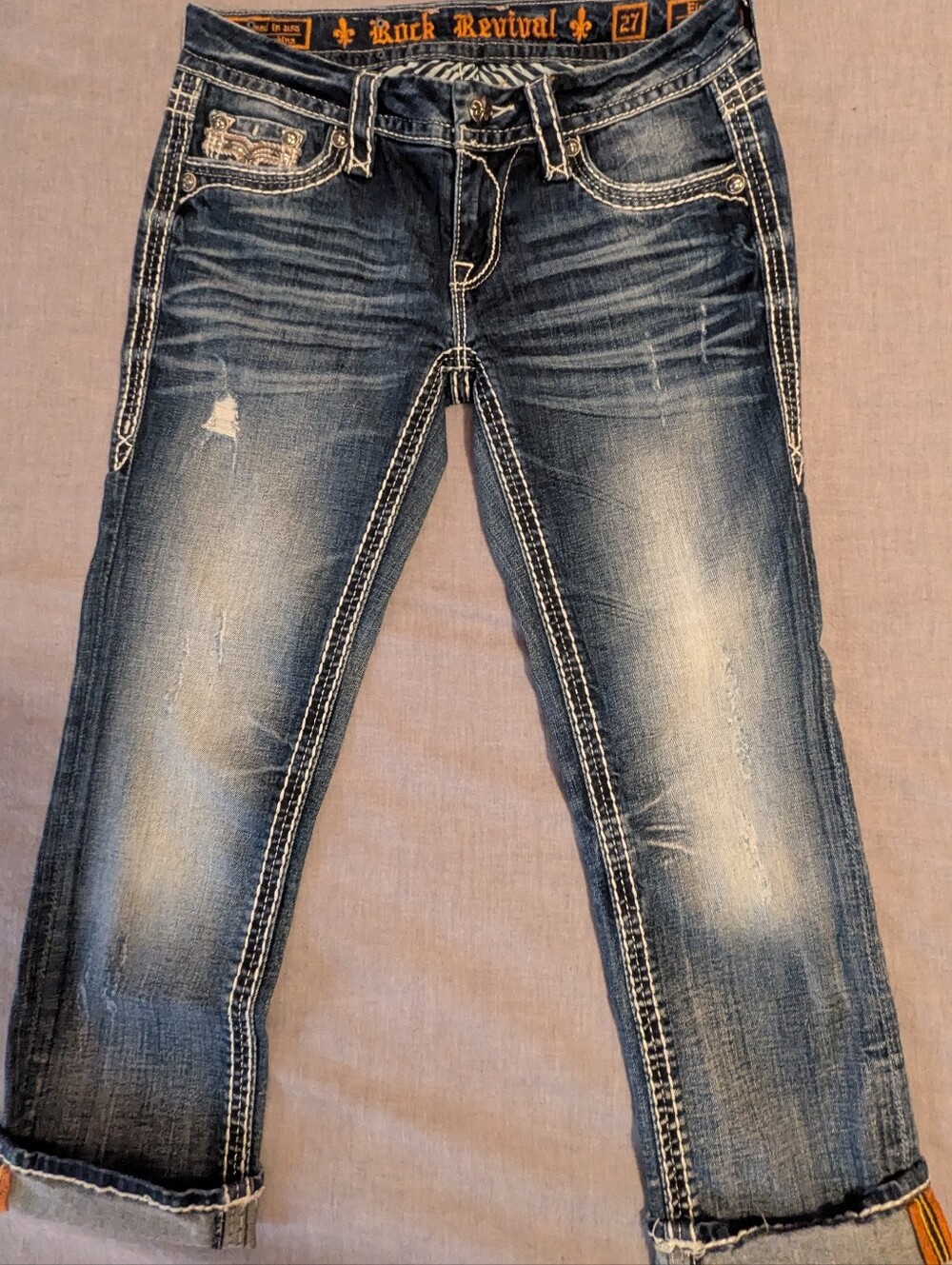 Rock Revival Distressed Mid-Dark Blue Cropped Jeans